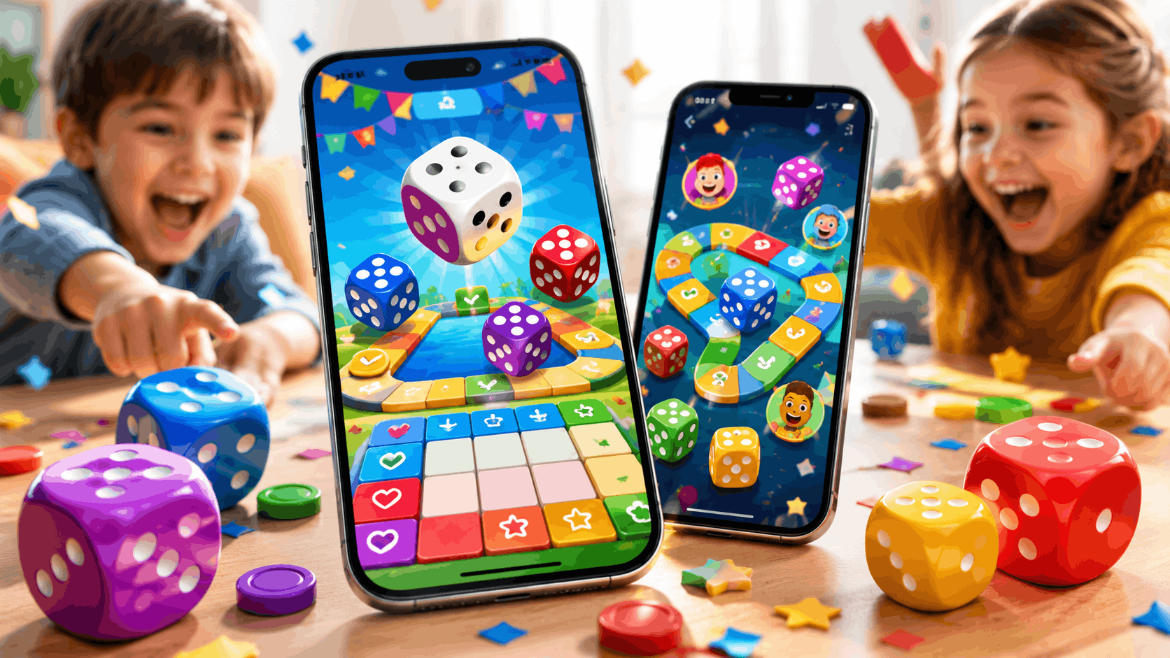 Mobile mockups showing a colorful dice game for kids with bright dice, playful game screens, and happy children in the background.