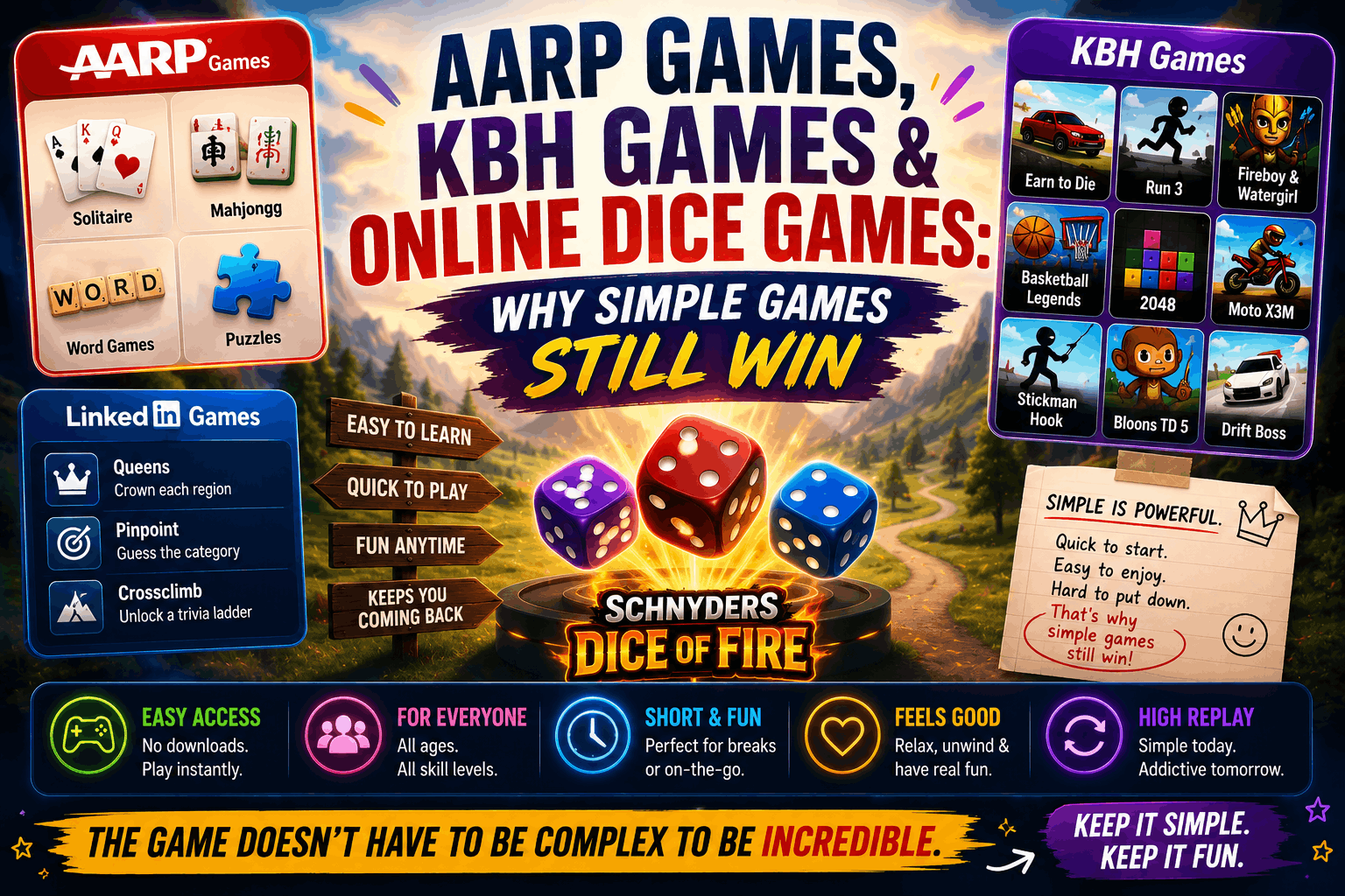 Colorful gaming banner showing AARP Games, KBH Games, LinkedIn Games, and Schnyders Dice of Fire with glowing dice and casual game icons.