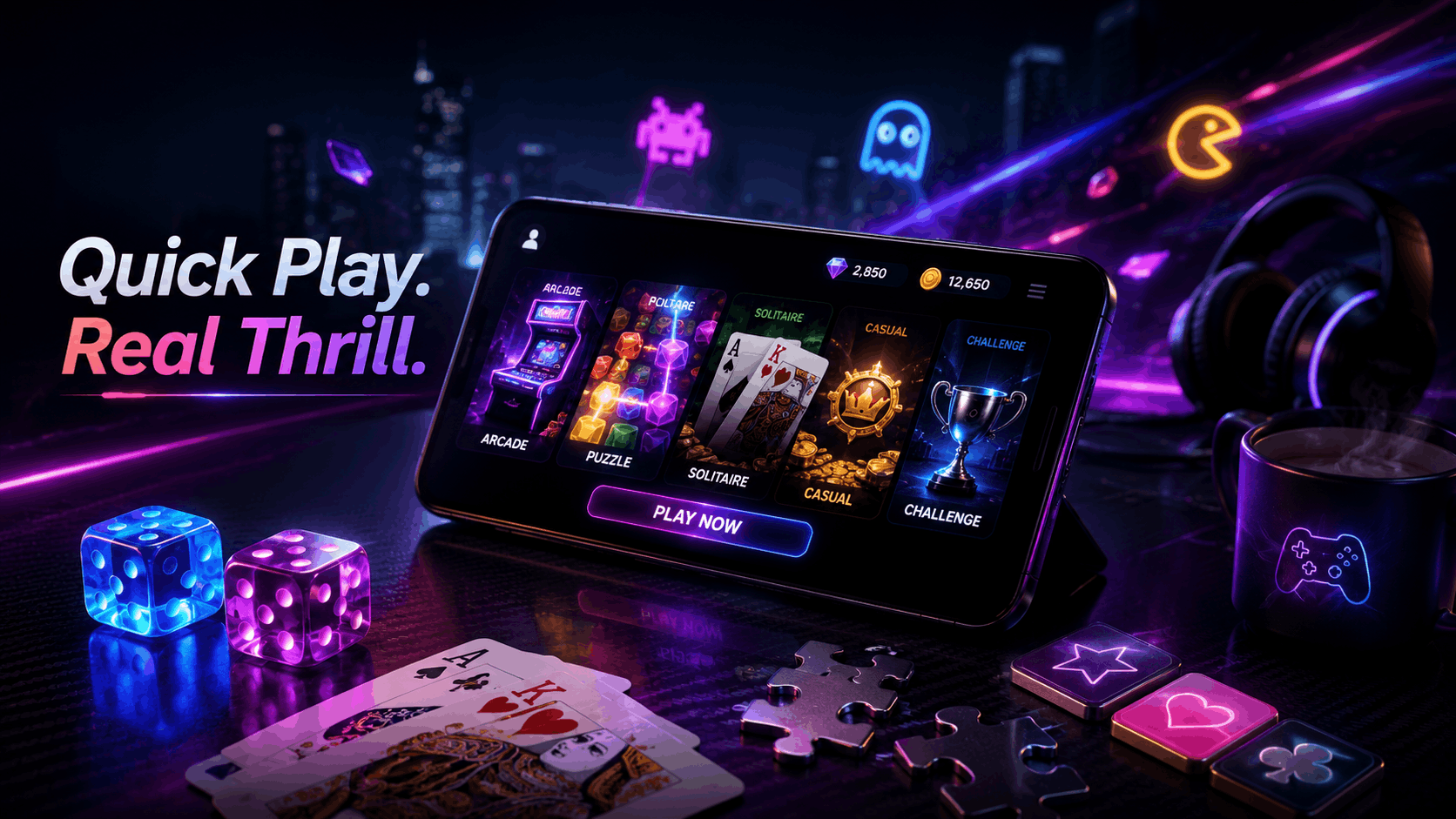 Neon gaming banner showing a smartphone with arcade, puzzle, solitaire, casual, and challenge game options, glowing dice, playing cards, headphones, and colorful game icons.
