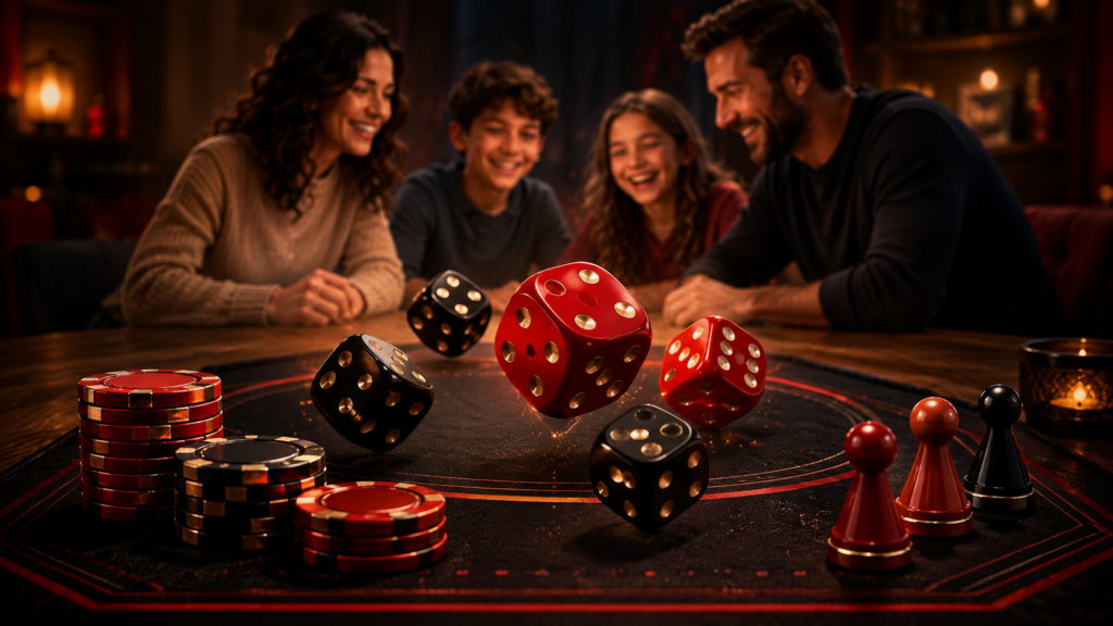 A family smiling around a table while red and black dice roll across a dark game board with poker chips and game pieces in a warm, cozy game-night setting.