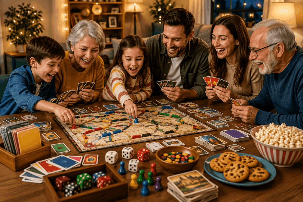 Family enjoying board games, card games, and dice games together during a fun family game night.