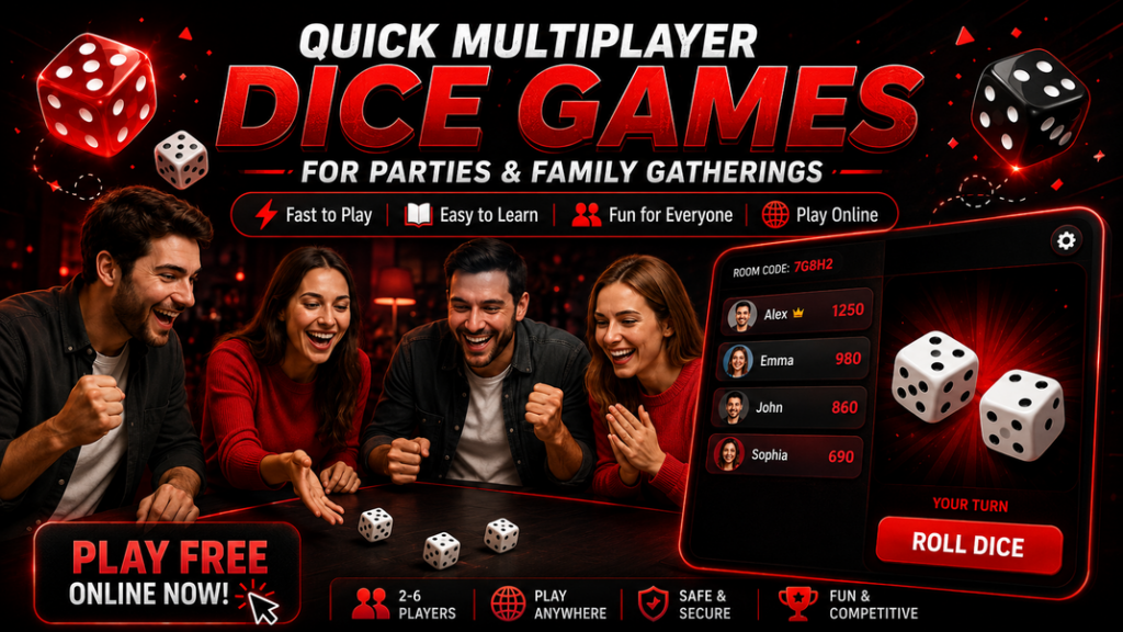 quick multiplayer dice games, showing friends laughing around a table, dice rolling, and an online dice game screen with scores and a roll dice button