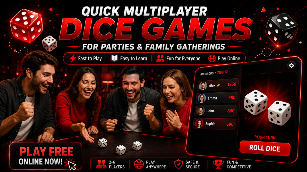 quick multiplayer dice games, showing friends laughing around a table, dice rolling, and an online dice game screen with scores and a roll dice button