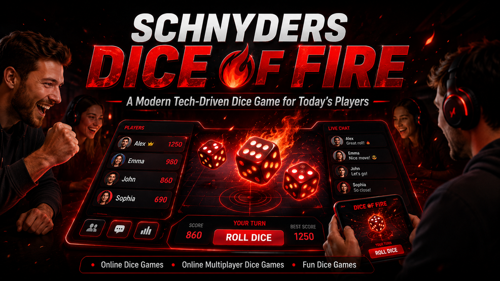 Red and black promotional banner for Schnyders Dice of Fire, showing glowing fire-themed dice, players enjoying an online multiplayer dice game, live scores, chat features, and a roll dice button on a digital game screen.