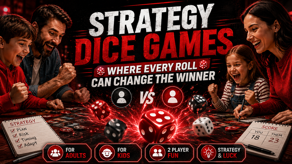 Red and black promotional banner for strategy dice games, showing adults and kids enjoying a competitive dice game, glowing red dice, score sheets, and bold text highlighting fun for adults, kids, 2-player gameplay, strategy, and luck.