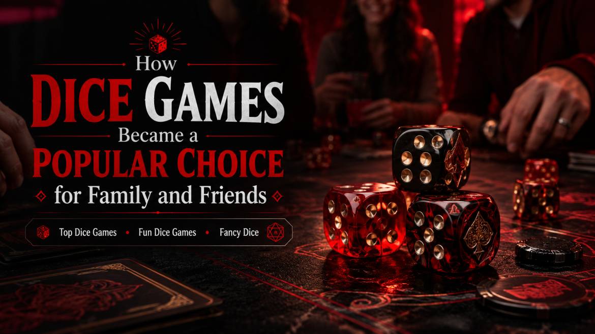 Red and black gaming-themed blog image featuring stylish dice on a dark tabletop with friends and family playing in the background.
