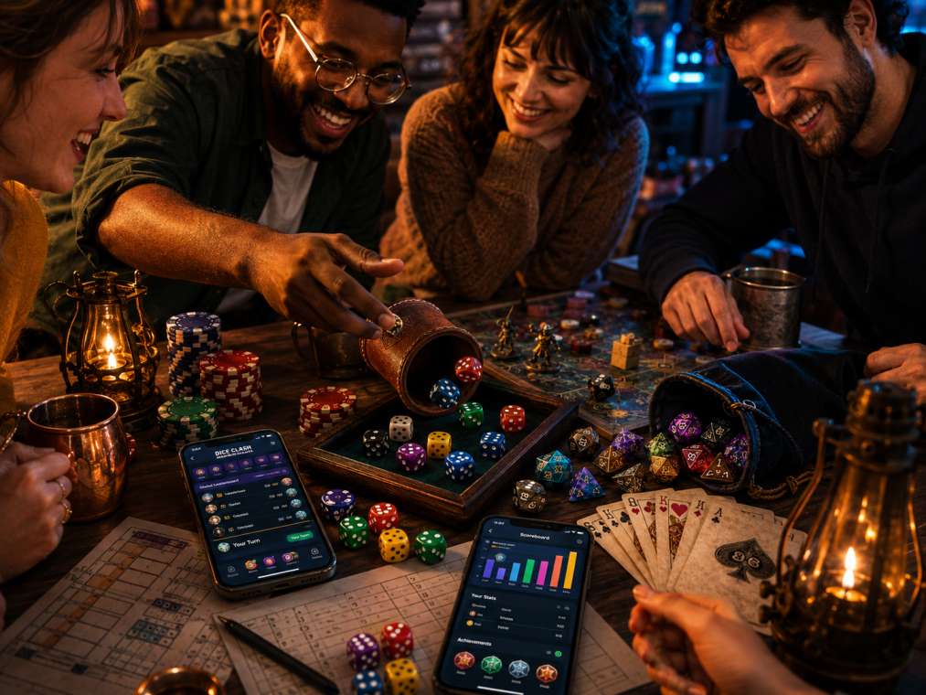 Friends playing a multiplayer dice game around a table with colorful dice, score sheets, game cards, mobile game screens, and warm lantern lighting.