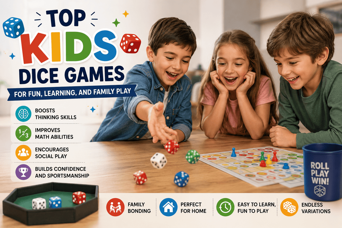 Children playing colorful dice games at home with educational icons showing learning, family bonding, math skills, and social play.