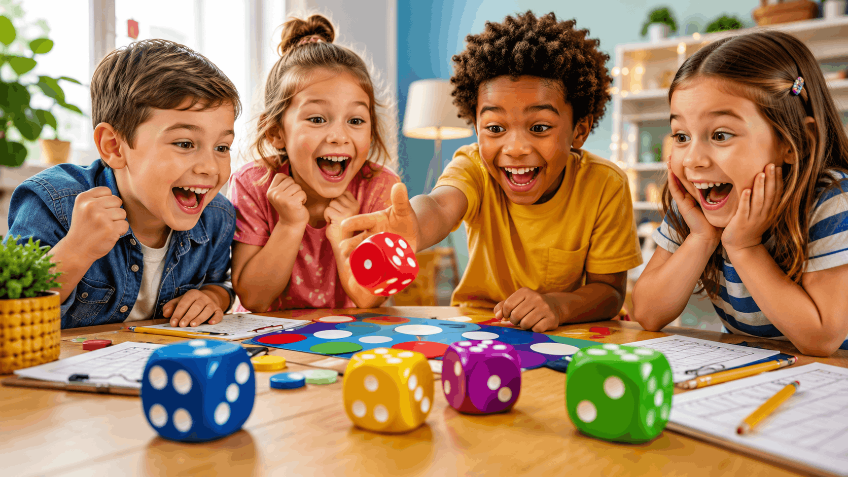 Children playing a colorful dice game for kids with large dice, score sheets, and happy expressions at a table.