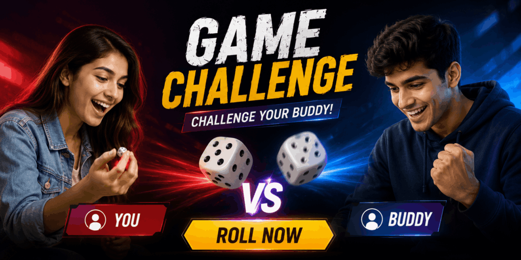 A promotional banner featuring a young woman and a young man competing in a two person dice game. The players face each other across a dramatic red-and-blue background with rolling dice in the center, a large "VS" symbol, and a bold "Roll Now" call-to-action button highlighting a friendly gaming challenge.
