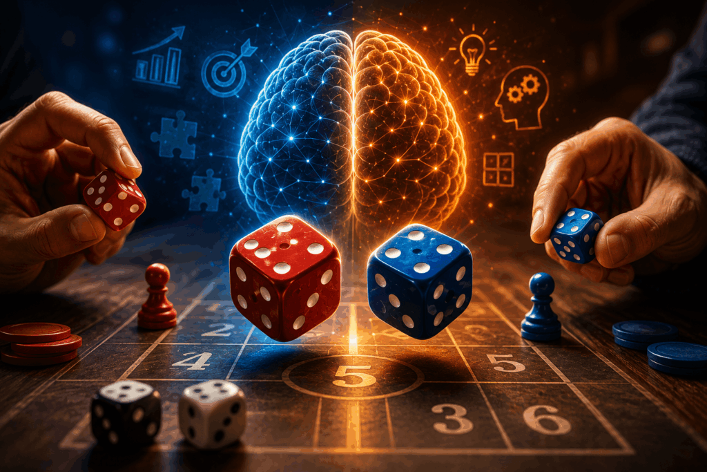 Illustration of a game with dice and numbers featuring two players, glowing dice, and a brain symbolizing strategy, focus, memory, and problem-solving skills developed through dice games for adults.