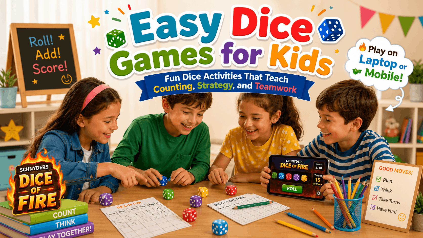 Children playing easy dice games for kids with colorful dice, score sheets, and a mobile screen showing Schnyders Dice of Fire.