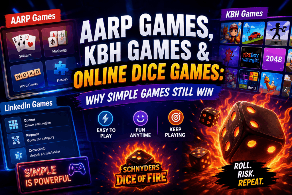 Colorful gaming banner showing AARP Games, KBH Games, LinkedIn Games, and online dice games with fiery dice and Schnyders Dice of Fire branding.