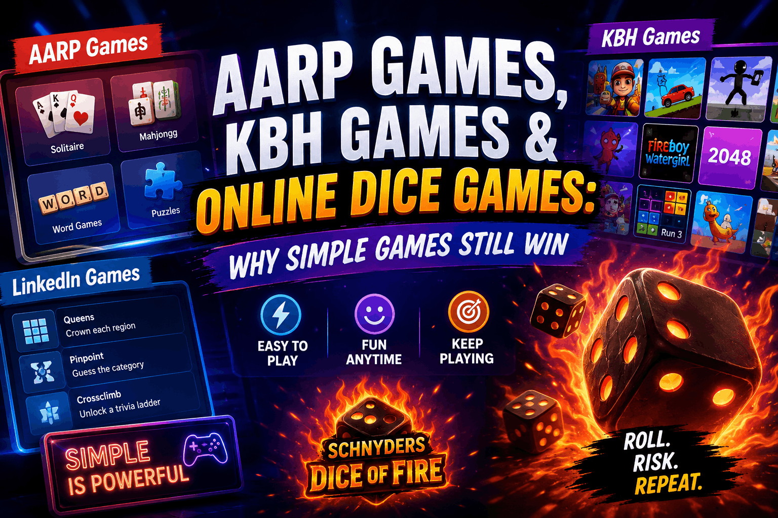 Colorful gaming banner showing AARP Games, KBH Games, LinkedIn Games, and online dice games with fiery dice and Schnyders Dice of Fire branding.