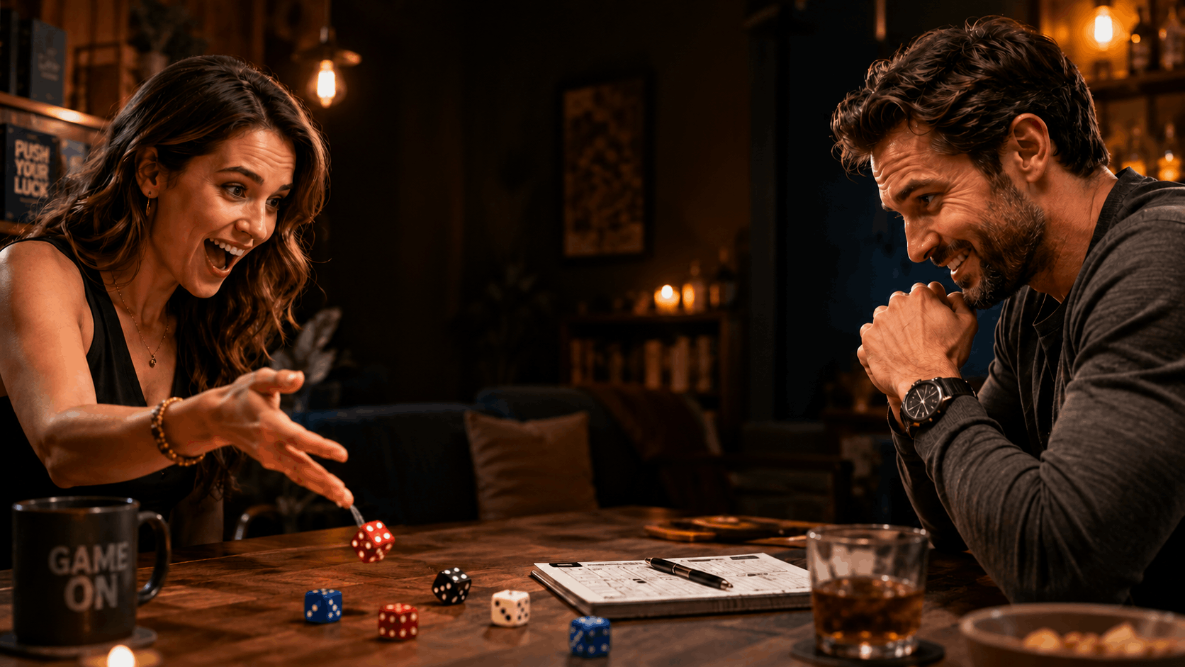 Two adults enjoying a 2 player dice game at a cozy table, with colorful dice, score sheets, drinks, and a warm game night atmosphere.