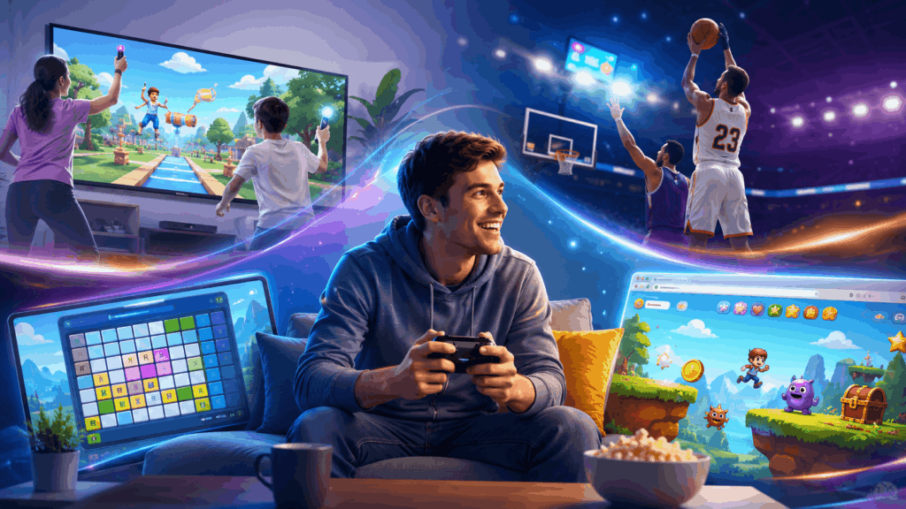 A smiling gamer playing on a couch surrounded by colorful screens showing casual games, puzzle games, motion-control gaming, and basketball-style gameplay.