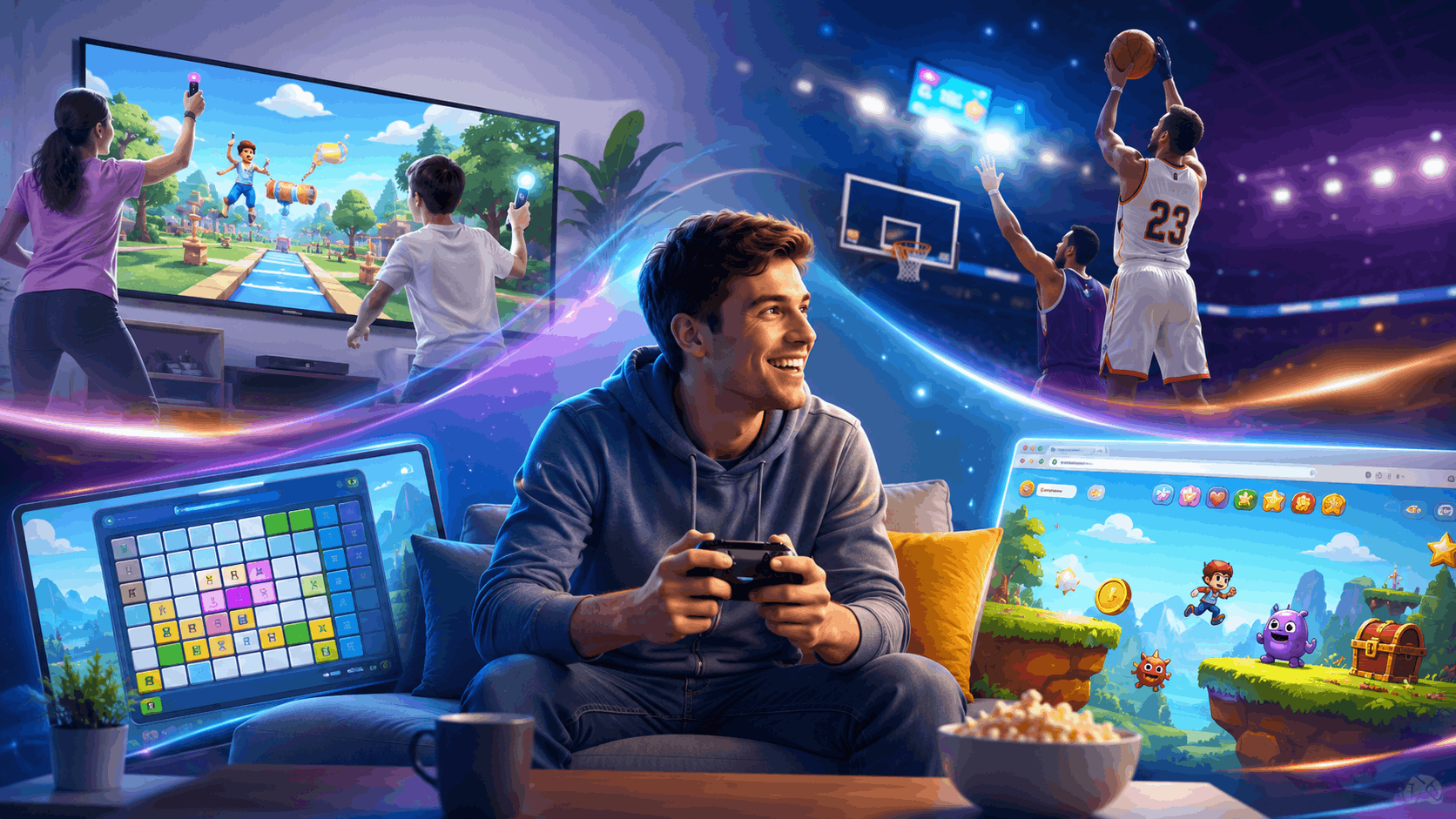 A smiling gamer playing on a couch surrounded by colorful screens showing casual games, puzzle games, motion-control gaming, and basketball-style gameplay.