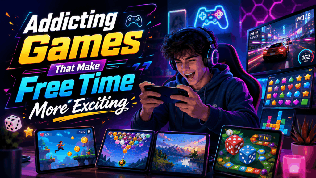 A young gamer playing mobile games in a neon gaming room with colorful screens showing arcade, puzzle, racing, and dice games.