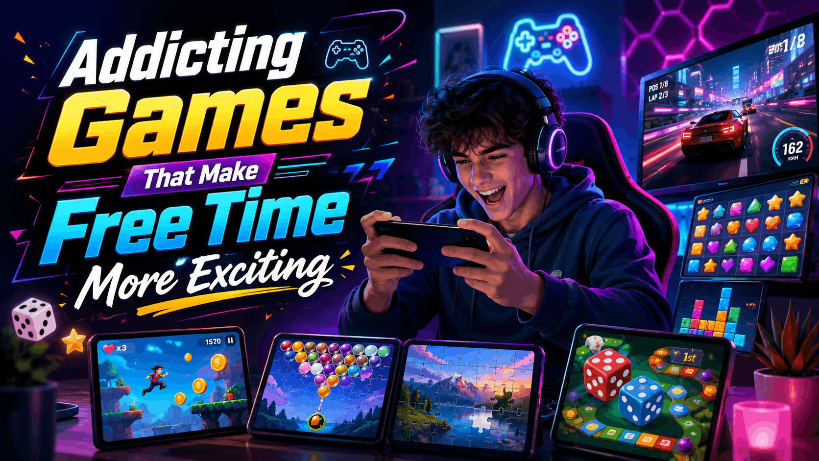 A young gamer playing mobile games in a neon gaming room with colorful screens showing arcade, puzzle, racing, and dice games.