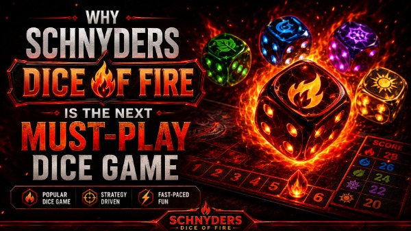 Schnyders Dice of Fire promotional image featuring glowing fire-themed dice, colorful elemental dice, a dark red gaming board, score panel, and bold text promoting it as a must-play strategy dice game.