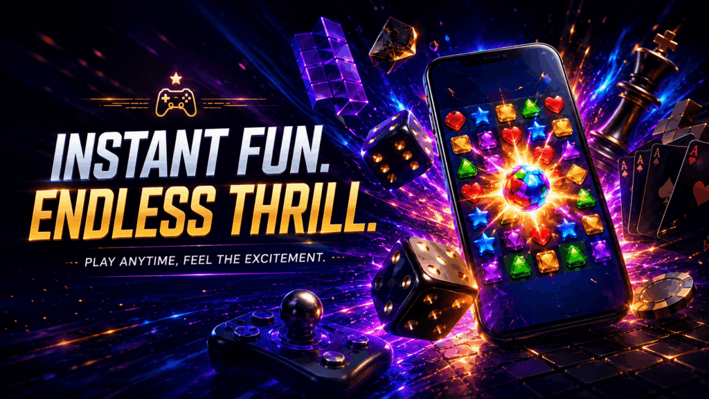 A neon gaming banner showing a smartphone game screen, glowing dice, playing cards, and a game controller with the tagline “Instant Fun. Endless Thrill.”