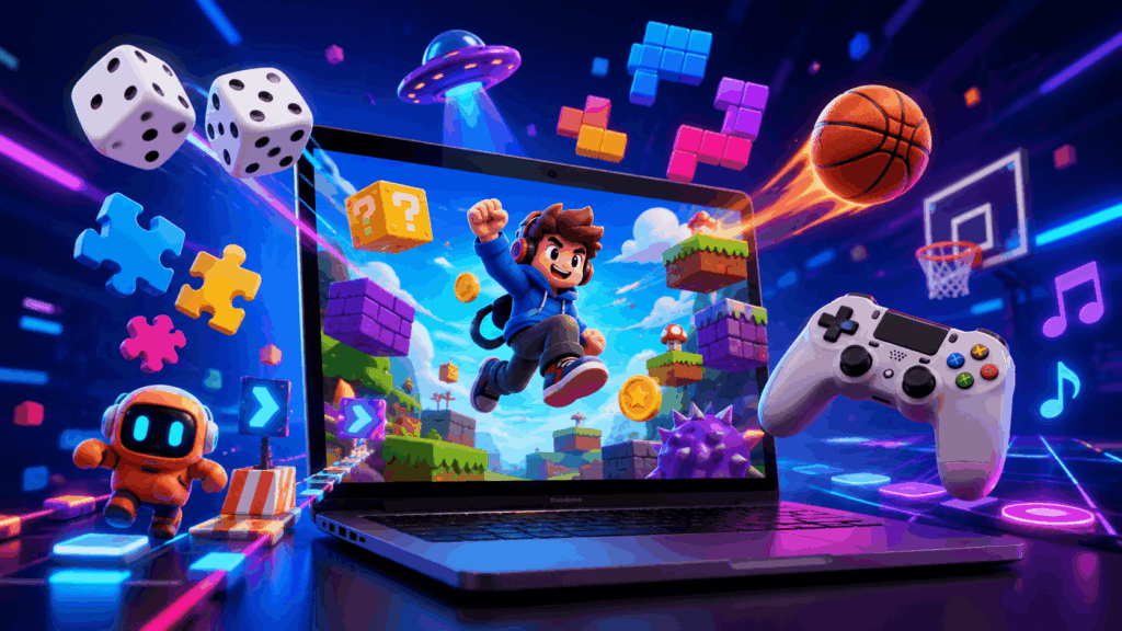 A colorful kbh games scene showing a laptop with online game elements, dice, puzzle pieces, basketball, controller, and arcade visuals bursting out in a neon digital world.