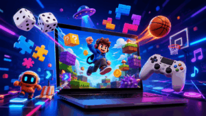 A colorful kbh games scene showing a laptop with online game elements, dice, puzzle pieces, basketball, controller, and arcade visuals bursting out in a neon digital world.