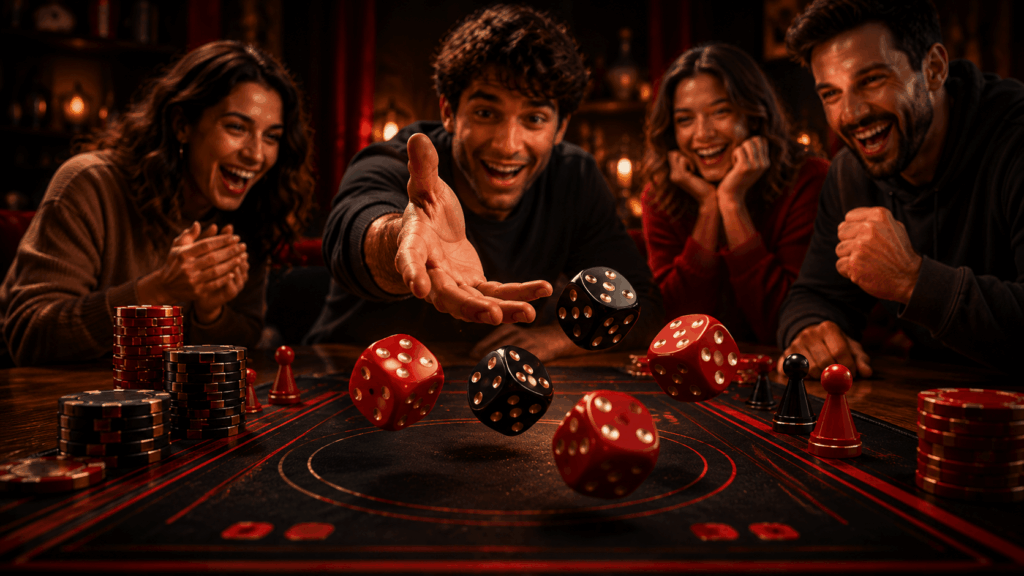A group of friends laughing and cheering as a player rolls red and black dice across a dark game board with chips and game pieces in a warm game-night setting.
