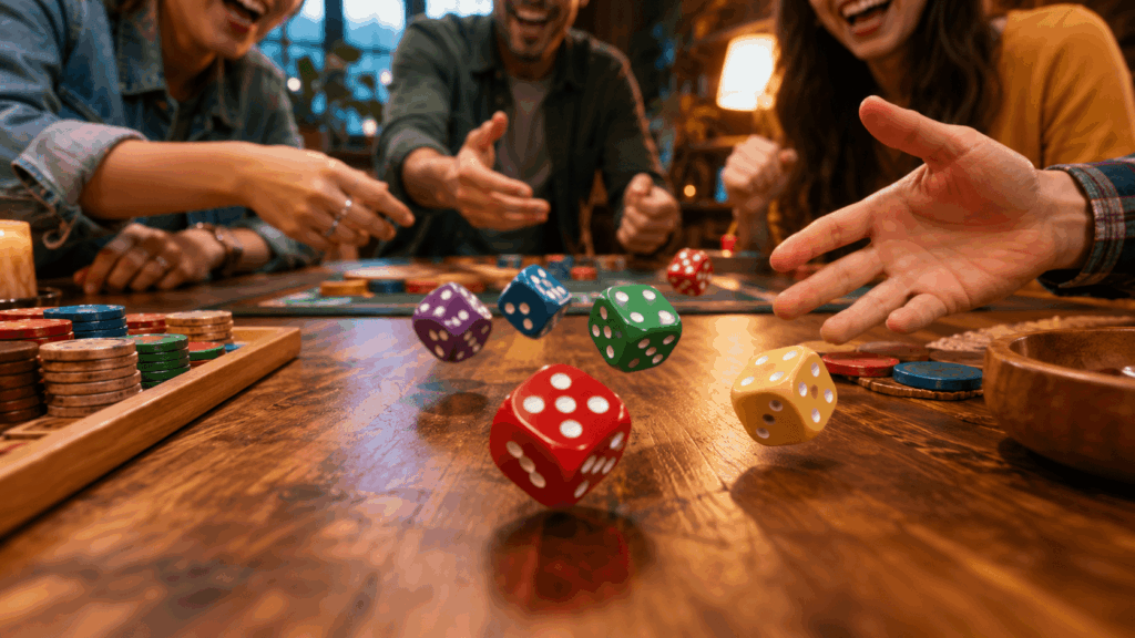 Detailed dice board game setup with colorful dice, cards, tokens, and game pieces arranged on a tabletop for strategy gameplay.