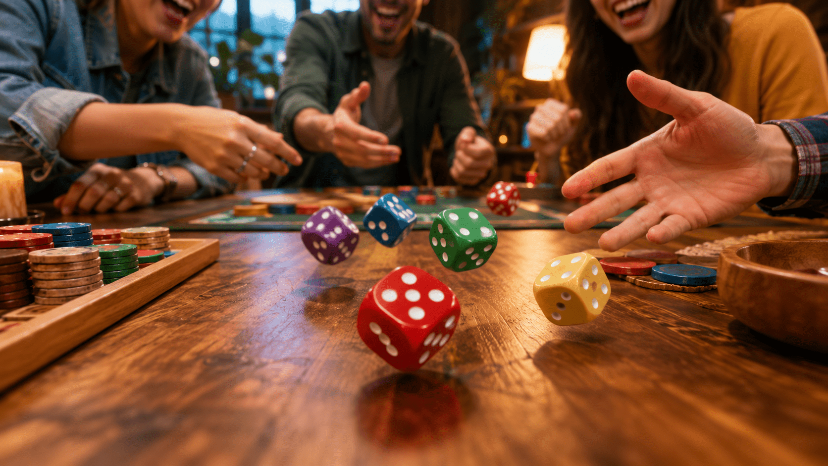 Detailed dice board game setup with colorful dice, cards, tokens, and game pieces arranged on a tabletop for strategy gameplay.