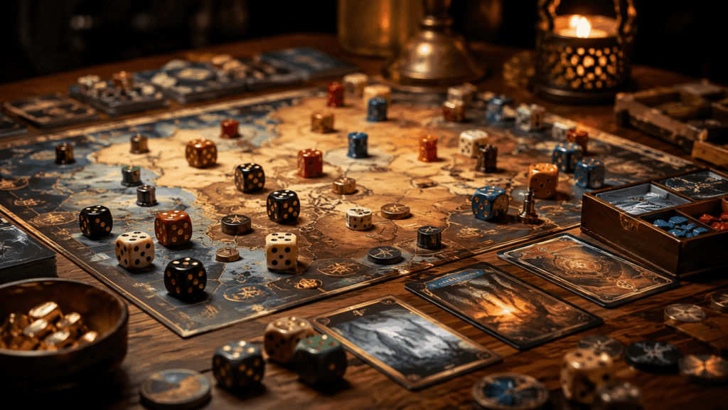 Colorful dice rolling across a wooden table while friends enjoy an exciting dice game night with chips and game pieces.