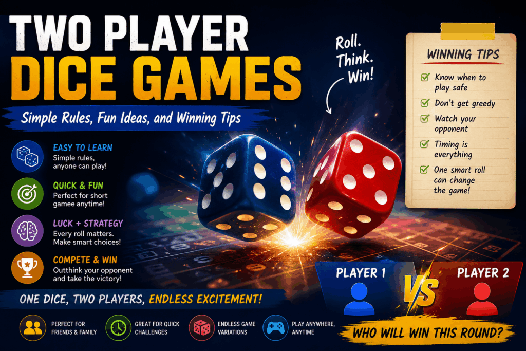 Colorful two player dice game image featuring glowing red and blue dice, player versus player elements, and gaming tips about strategy, quick fun, and winning moves.