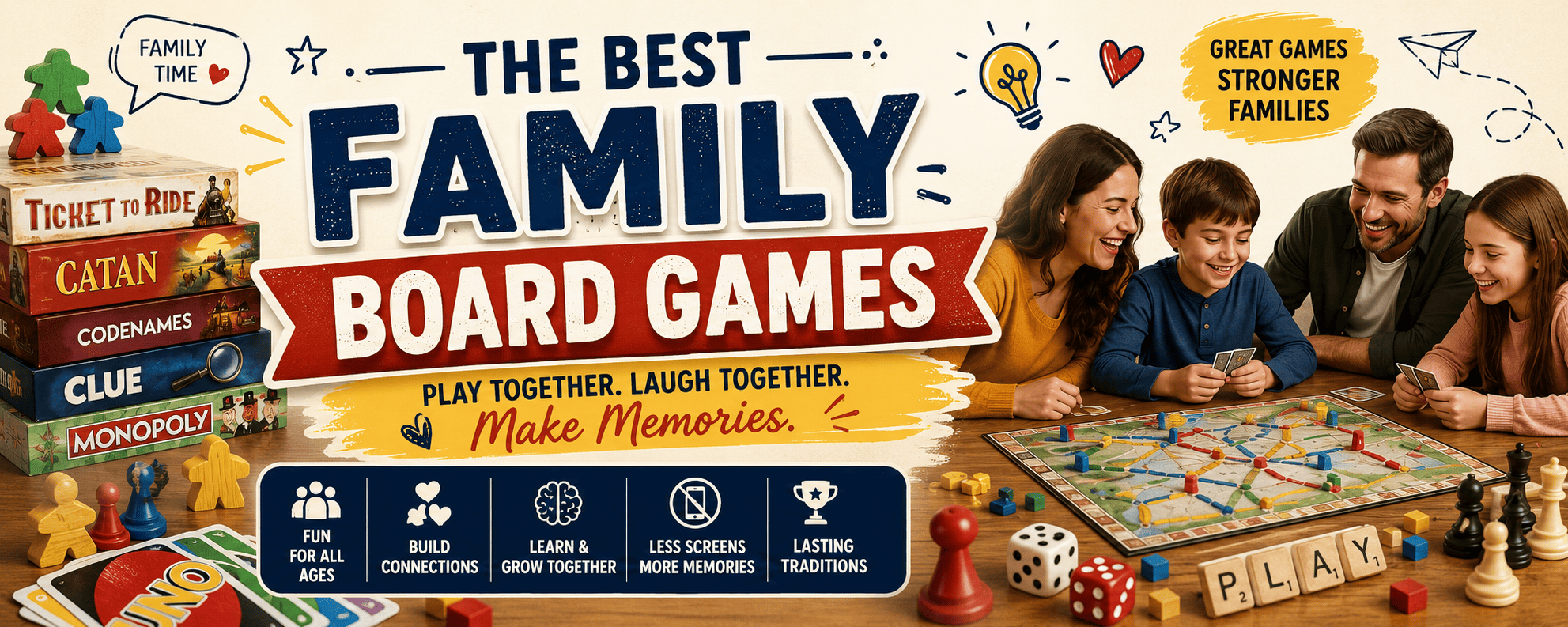 Happy family playing board games together at a table with popular games like Ticket to Ride, Catan, Monopoly, Clue, and UNO in a colorful family game night banner.
