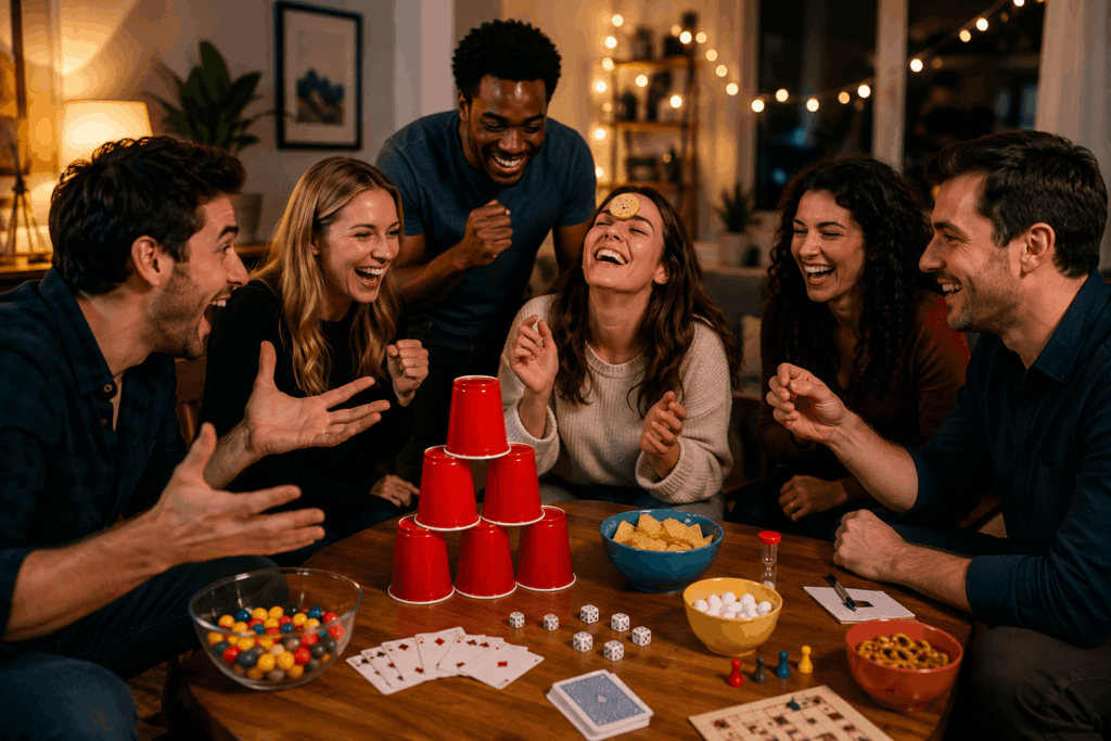 A diverse group of friends laughing and playing party games around a table with red cups, cards, dice, snacks, and colorful game pieces in a warmly lit living room.