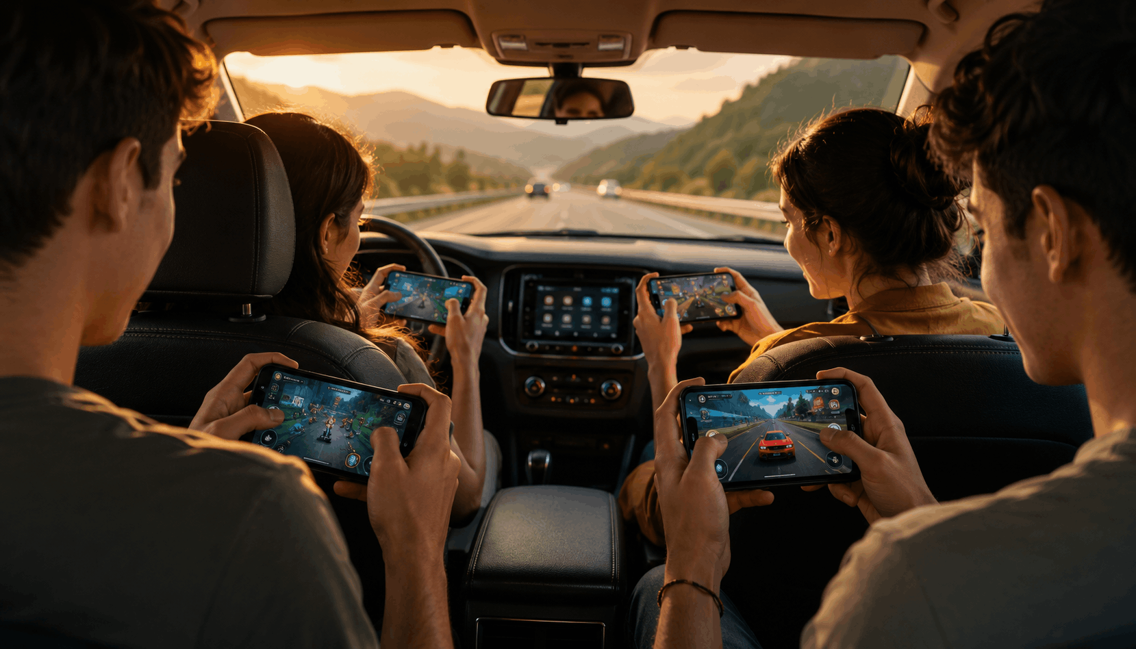 Four young adults playing racing and action games on smartphones inside a moving car during a scenic mountain road trip.