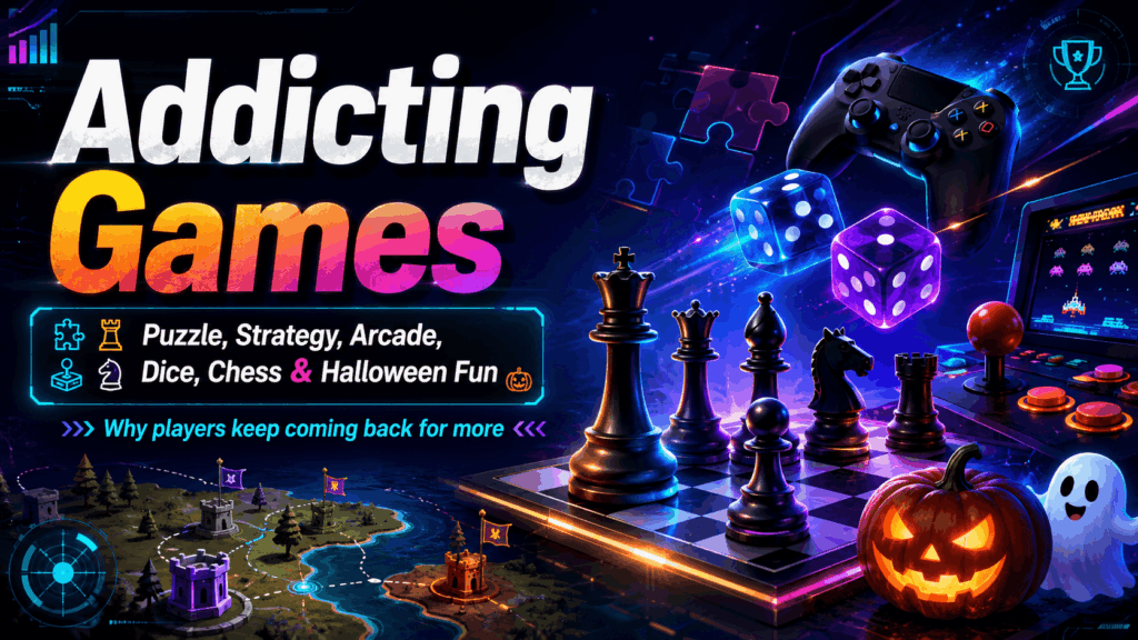 Neon gaming banner featuring chess pieces, glowing dice, a game controller, arcade machine, strategy map, puzzle icons, and Halloween characters.
