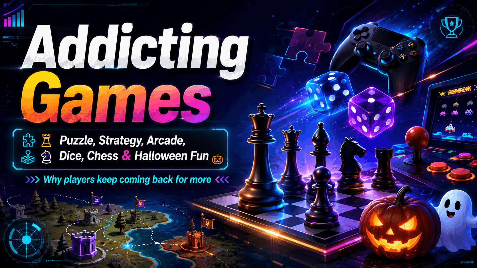 Neon gaming banner featuring chess pieces, glowing dice, a game controller, arcade machine, strategy map, puzzle icons, and Halloween characters.