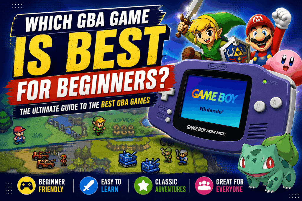 Best GBA games for beginners banner featuring a purple Game Boy Advance with Mario, Link, Kirby, and Bulbasaur.