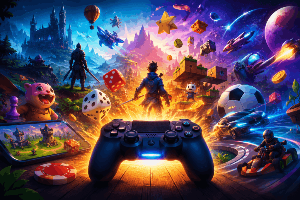 Colorful gaming banner featuring a controller, dice, racing cars, fantasy characters, sports, puzzles, and space-themed game elements.