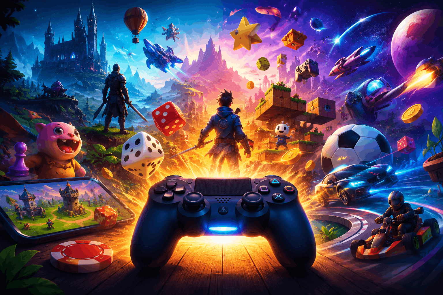 Colorful gaming banner featuring a controller, dice, racing cars, fantasy characters, sports, puzzles, and space-themed game elements.