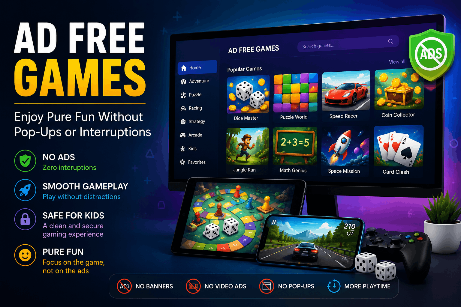Ad Free Games promotional graphic showing a gaming screen, dice games, mobile gameplay, and no-ad icons for uninterrupted fun.