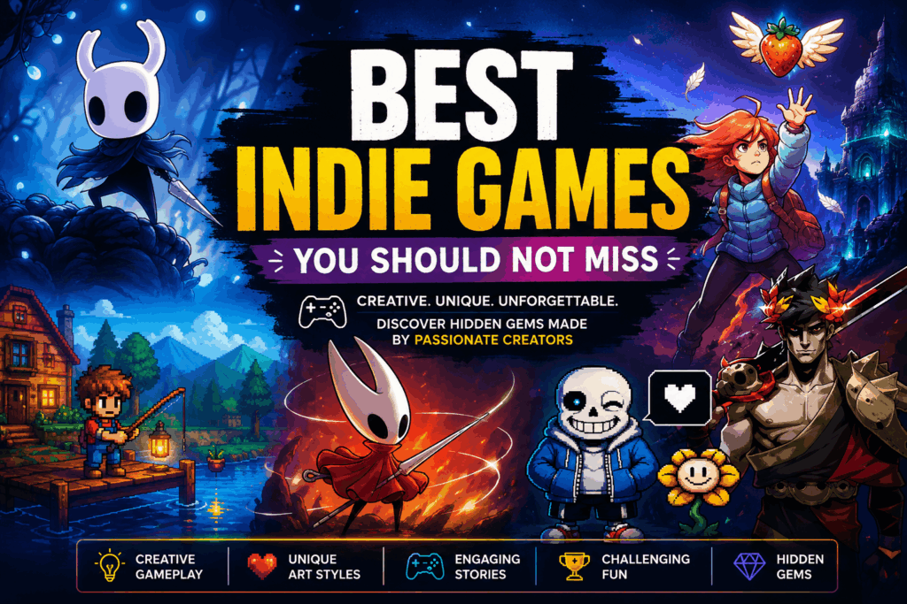 Best Indie Games banner featuring Hollow Knight, Hades, Stardew Valley, Celeste, and Undertale