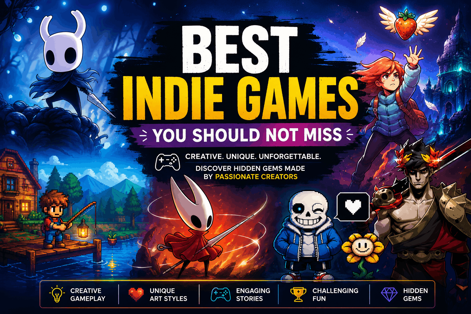 Best Indie Games banner featuring Hollow Knight, Hades, Stardew Valley, Celeste, and Undertale