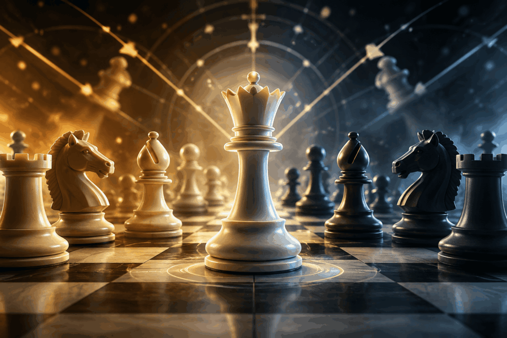 Math Games Chess board with white and black pieces representing chess strategy and tactics Caption:
