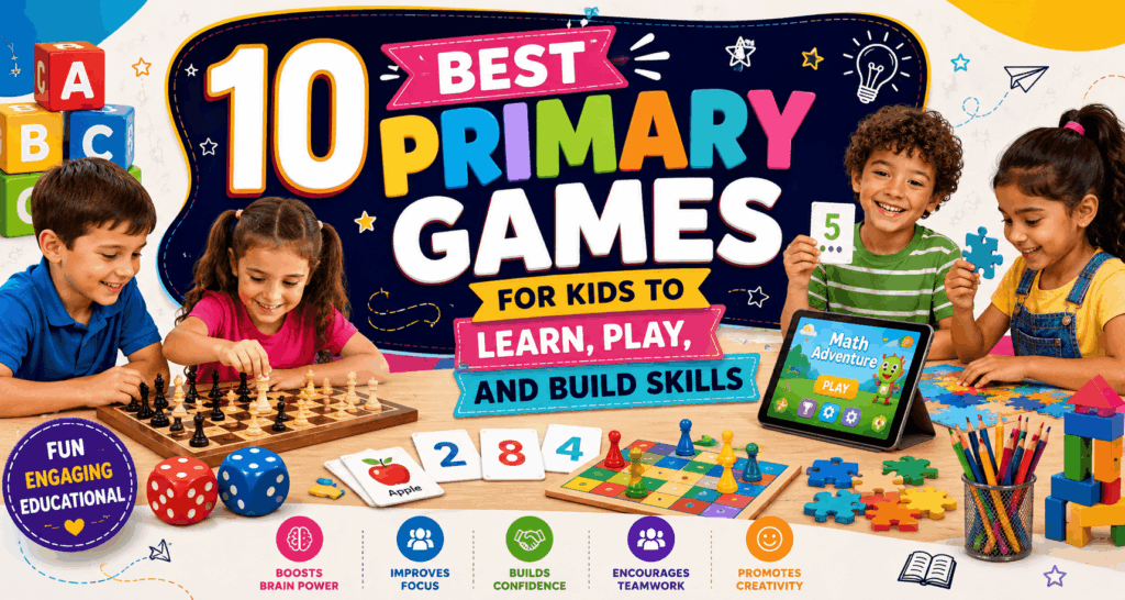 Colorful educational banner featuring four primary-school children playing chess, puzzles, board games, and educational activities, with the headline “10 Best Primary Games for Kids to Learn, Play, and Build Skills.”