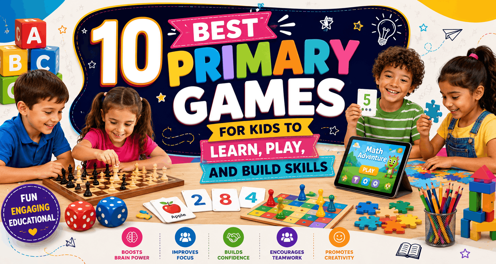 Colorful educational banner featuring four primary-school children playing chess, puzzles, board games, and educational activities, with the headline “10 Best Primary Games for Kids to Learn, Play, and Build Skills.”