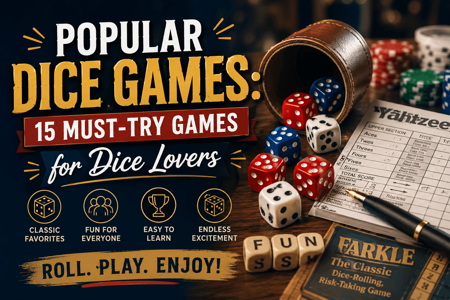 Popular dice games featuring colorful dice, a dice cup, scorecards, and classic tabletop dice games for dice lovers