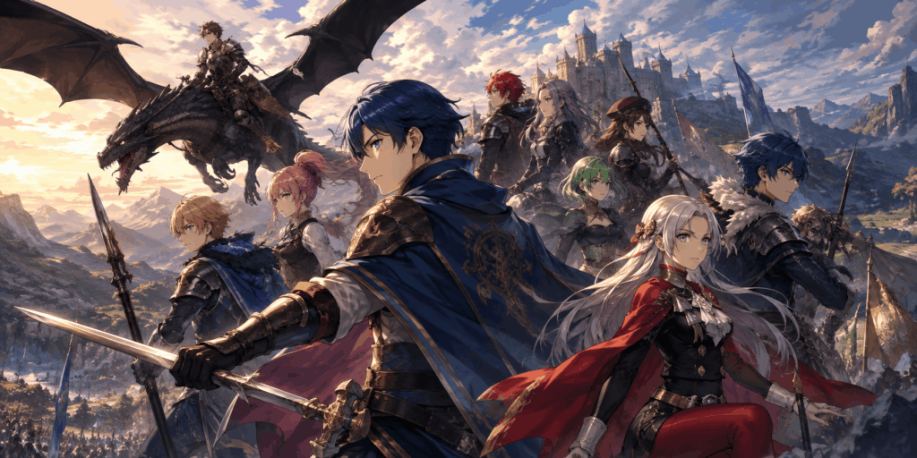 Best Fire Emblem Games Anime-style fantasy warriors armed with swords and spears stand on a battlefield, joined by a flying dragon with a large castle in the mountainous background.