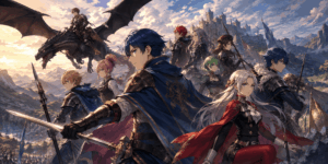Best Fire Emblem Games Anime-style fantasy warriors armed with swords and spears stand on a battlefield, joined by a flying dragon with a large castle in the mountainous background.