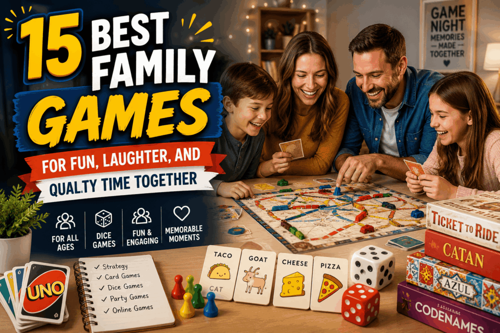 Family enjoying the best family games together, including board games, card games, and dice games during a fun family game night.
